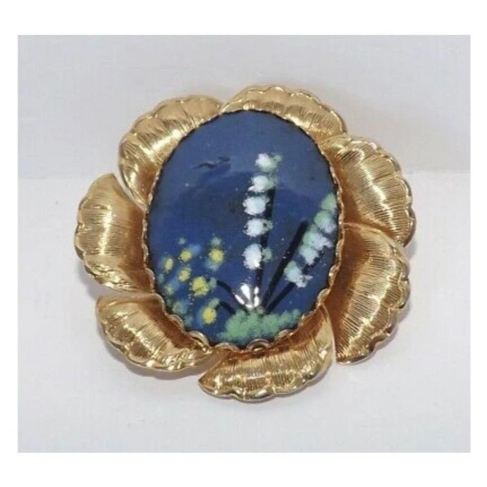 Vintage Enamel on Copper Picture Flower Scenery Gold plated Brooch Pin Pendant